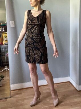 Black and V Bronze Studded V-Neck Sheath Dress